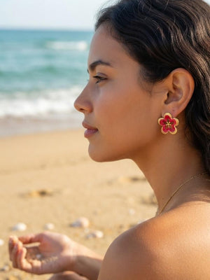 Red flower gold-tone statement earrings